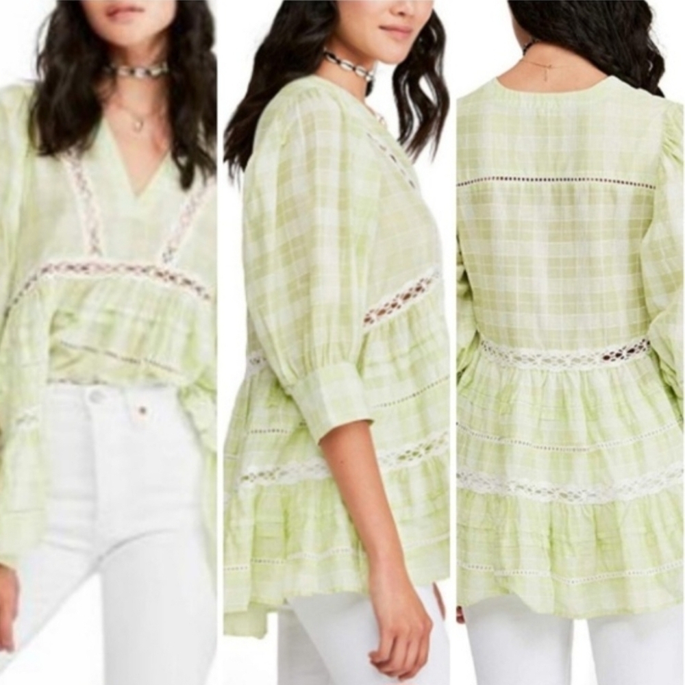 Free People Cotton Flow Lace Plaid XS/S French Girl Coquette Festival Boho Flirt
